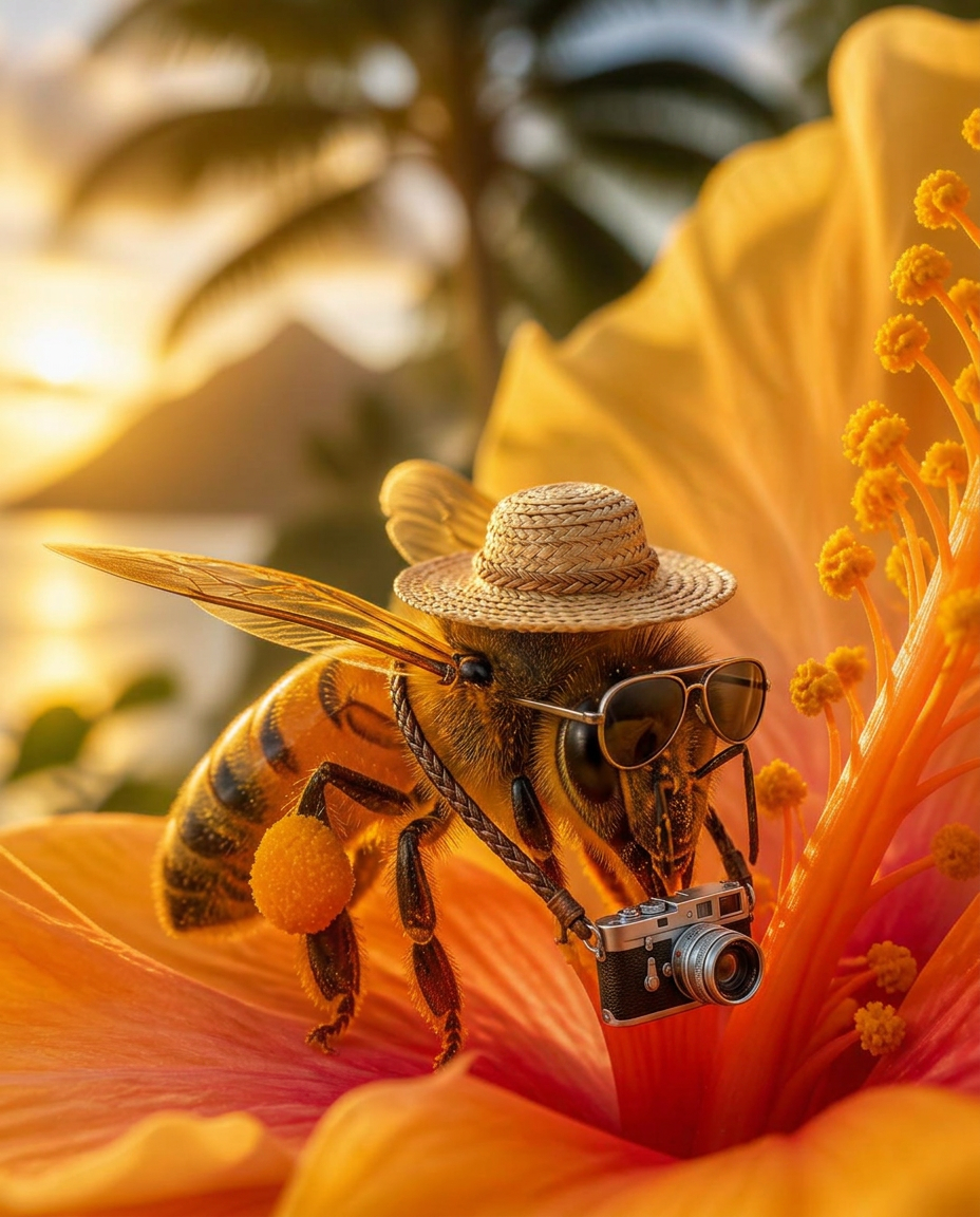 A honeybee dressed as a tourist with a straw hat, sunglasses and camera, pollinating a flower